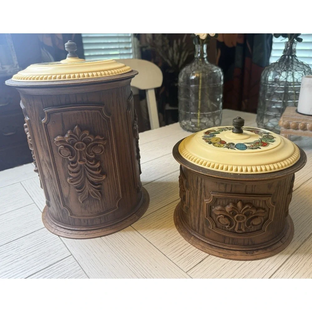 Set Of 2 VIntage Vistron Faux Wood Molded Plastic Canisters with Lids. Mushrooms